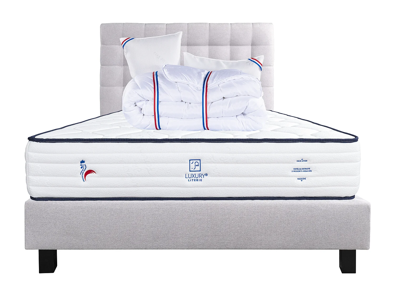 Ensemble Matelas 140x190 cm, Patriote, 27 cm + sommier gris + 2 oreillers + couette + TDL