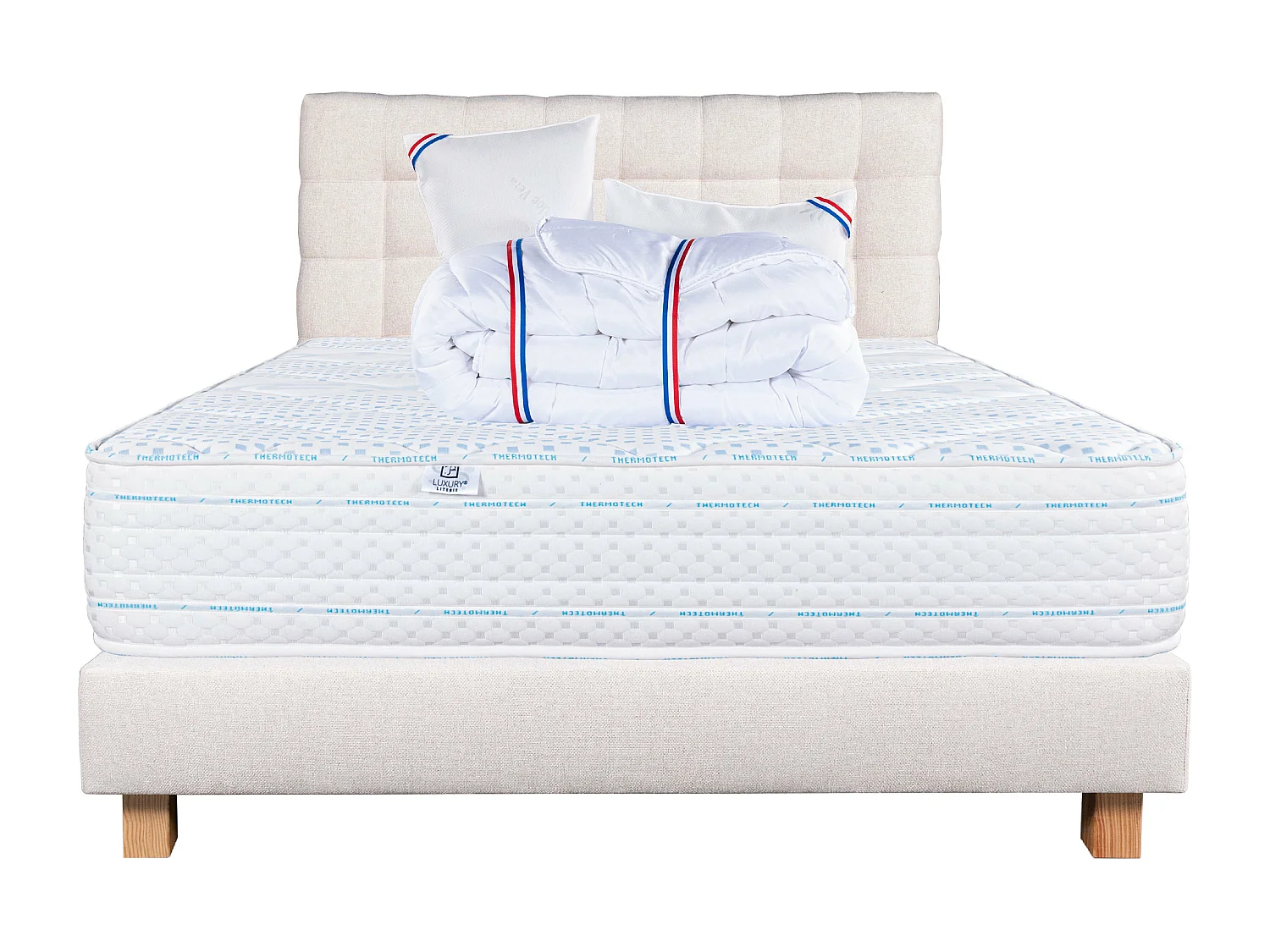 Ensemble Matelas 140x200 cm, Thermotec, 24 cm + sommier beige + 2 oreillers + couette +TDL