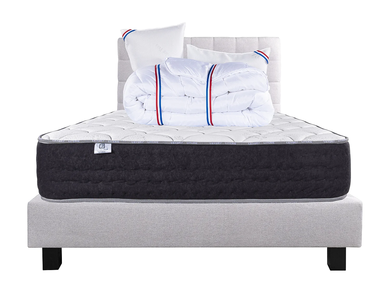 Ensemble Matelas 160x200 cm, Sérénité, 27 cm + sommier gris + 2 oreillers + couette + TDL