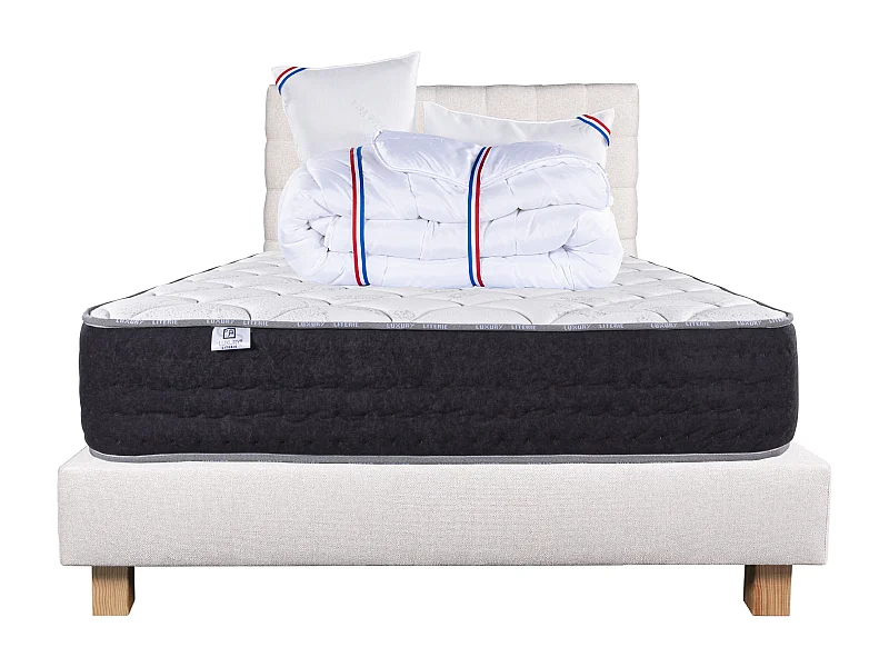 Ensemble Matelas 160x200 cm, Sérénité, 27 cm + sommier beige + 2 oreillers + couette + TDL