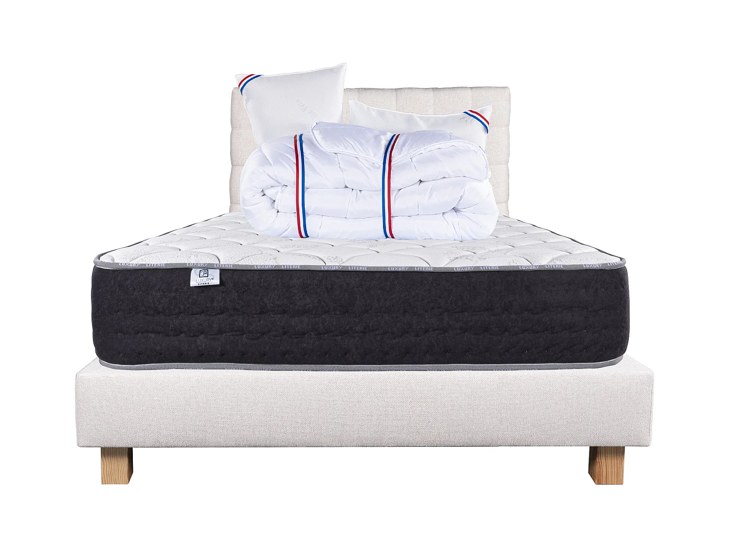 Ensemble Matelas 160x200 cm, Sérénité, 27 cm + sommier beige + 2 oreillers + couette + TDL