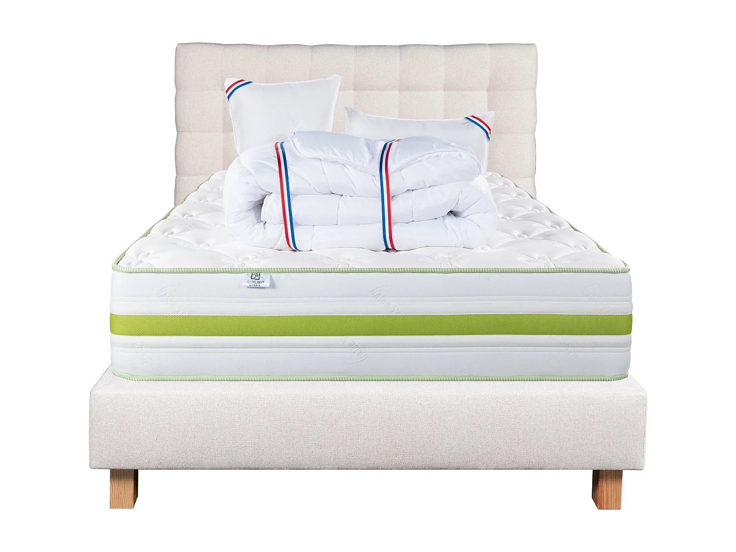 Ensemble Matelas 140x190 cm, Rêverie, 30 cm + sommier beige + 2 oreillers + couette + TDL