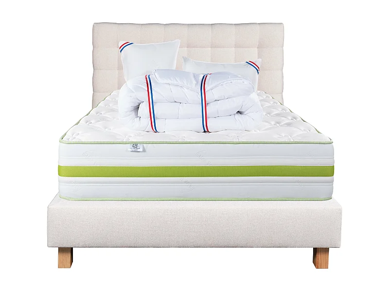 Ensemble Matelas 140x190 cm, Rêverie, 30 cm + sommier beige + 2 oreillers + couette + TDL