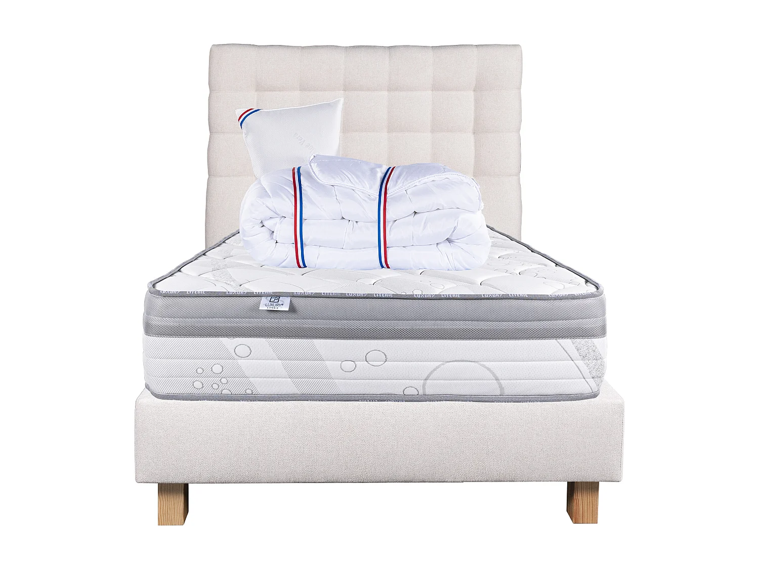 Ensemble Matelas 90x190 cm, ViscoPlus, 26 cm + sommier beige + oreiller + couette + TDL