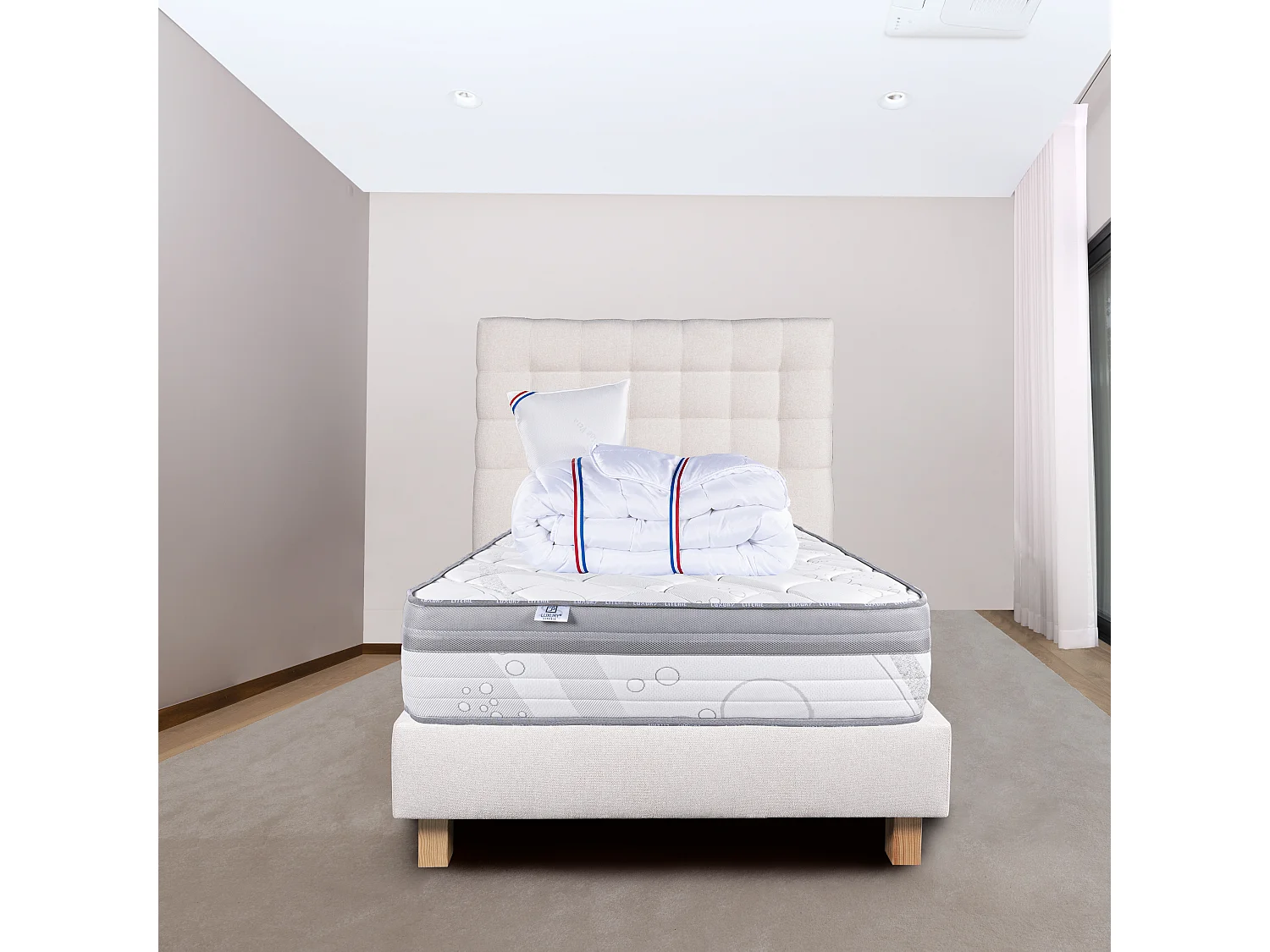 Ensemble Matelas 90x190 cm, ViscoPlus, 26 cm + sommier beige + oreiller + couette + TDL