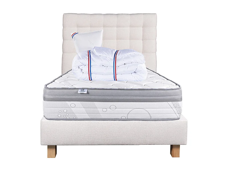 Ensemble Matelas 90x190 cm, ViscoPlus, 26 cm + sommier beige + oreiller + couette + TDL