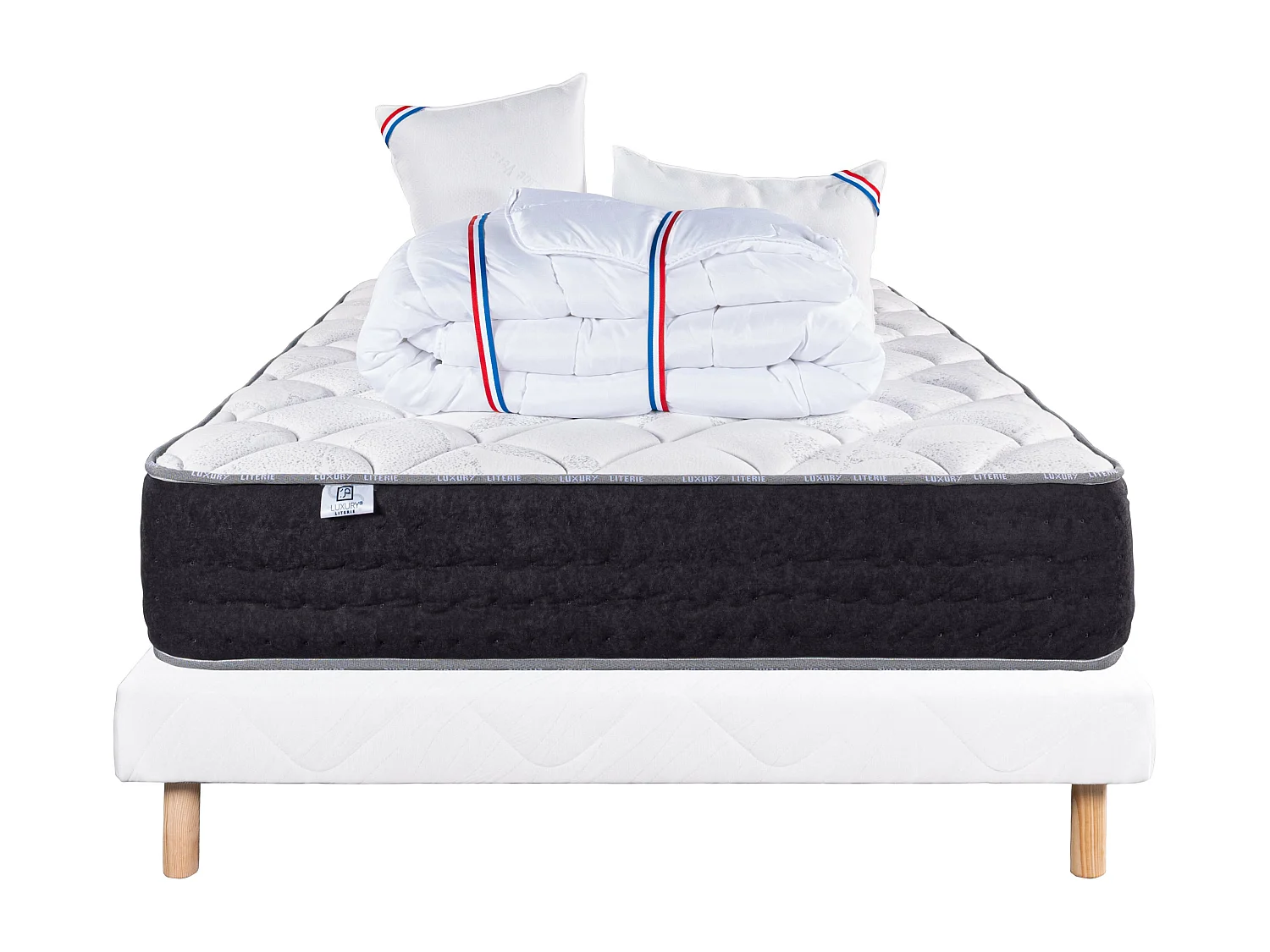 Ensemble Matelas 140x190 cm, Sérénité, 27 cm + sommier blanc + 2 oreillers + couette