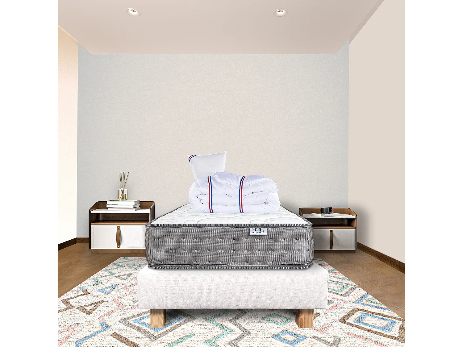Ensemble Matelas 90x190 cm, Zen, 20 cm + sommier beige + oreiller + couette