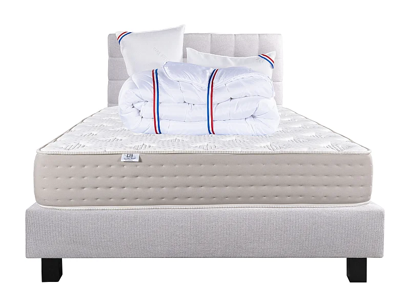 Ensemble Matelas 140x190 cm, Dreamlux, 26 cm + sommier gris + 2 oreillers + couette + TDL