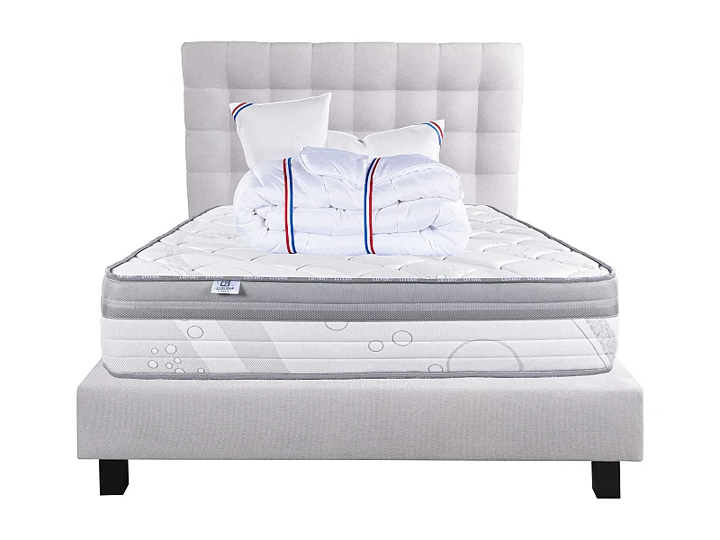 Ensemble Matelas 140x200 cm, ViscoPlus, 26 cm + sommier gris + 2 oreillers + couette + TDL