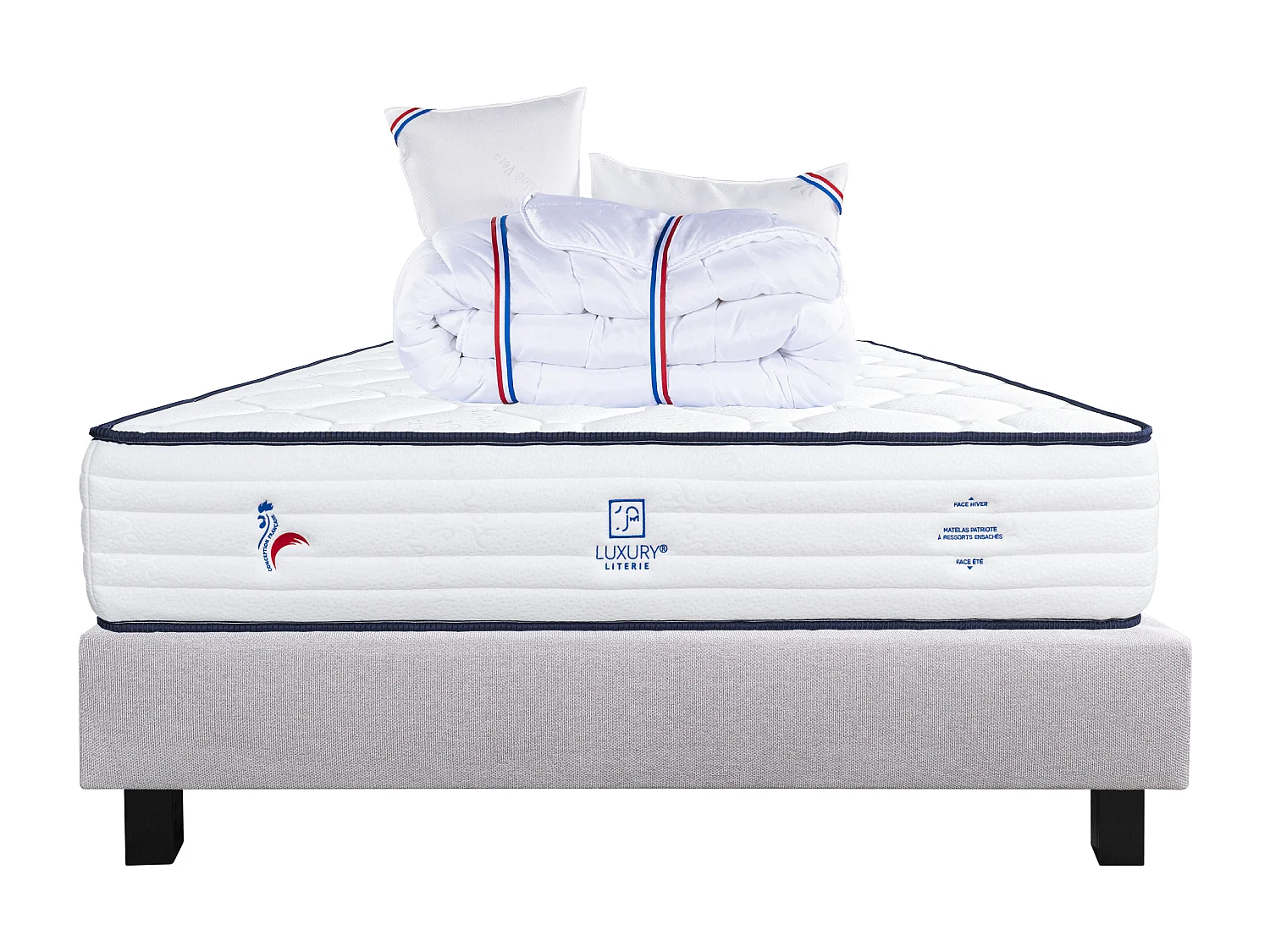 Ensemble Matelas 160x200 cm, Patriote, 27 cm + sommier gris + 2 oreillers + couette
