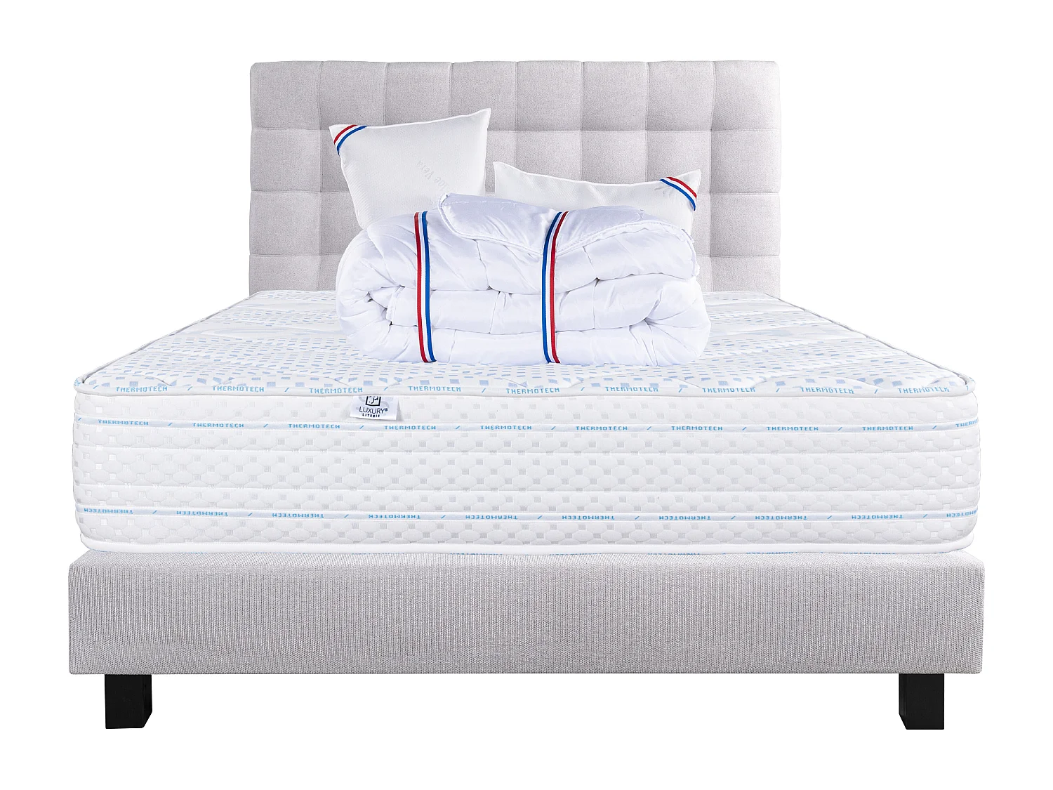 Ensemble Matelas 140x190 cm, Thermotec, 24 cm + sommier gris + 2 oreillers + couette + TDL