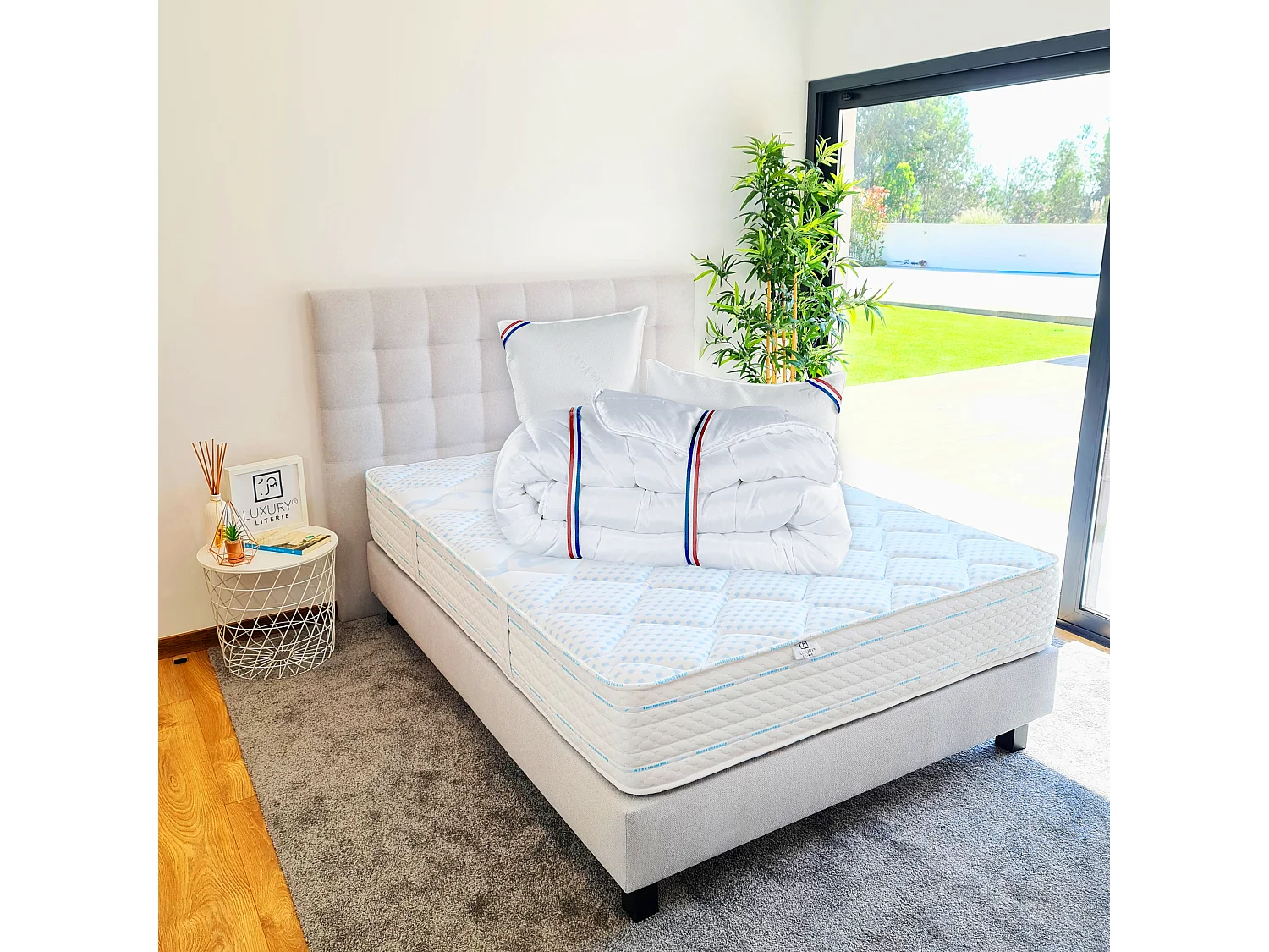 Ensemble Matelas 140x190 cm, Thermotec, 24 cm + sommier gris + 2 oreillers + couette + TDL