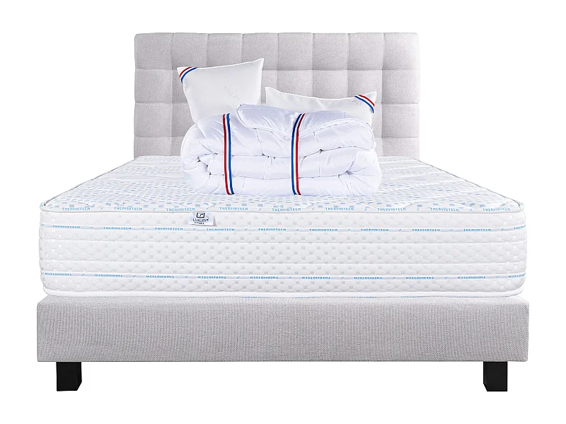 Ensemble Matelas 140x190 cm, Thermotec, 24 cm + sommier gris + 2 oreillers + couette + TDL