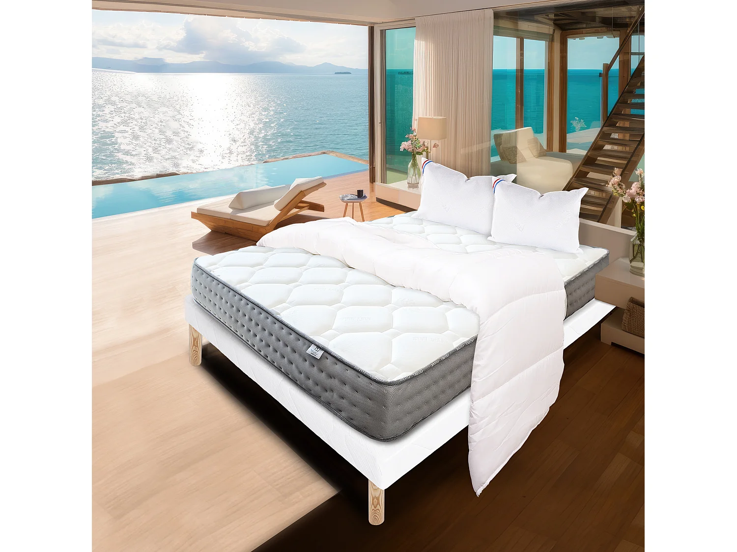 Ensemble Matelas 140x190 cm, Zen, 20 cm + sommier blanc + 2 oreillers + couette