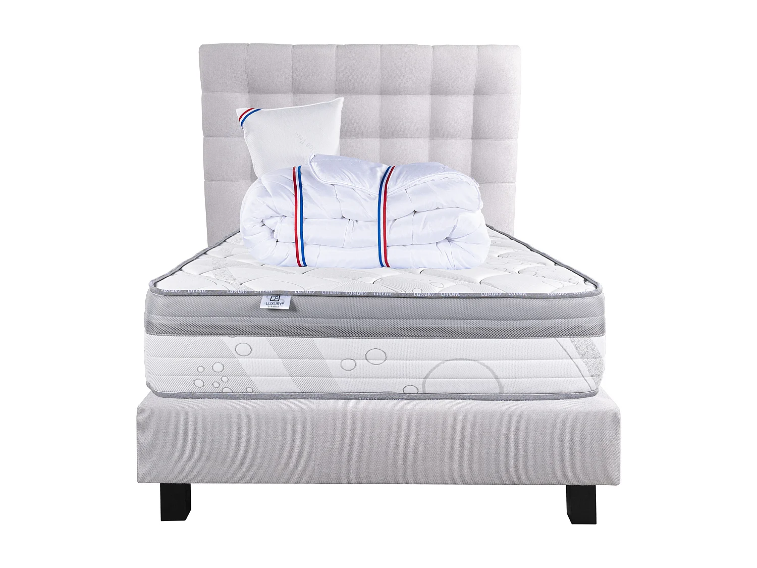 Ensemble Matelas 90x190 cm, ViscoPlus, 26 cm + sommier gris + oreiller + couette + TDL