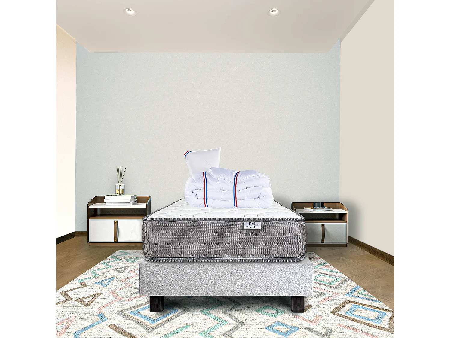 Ensemble Matelas 90x190 cm, Zen, 20 cm + sommier gris + oreiller + couette