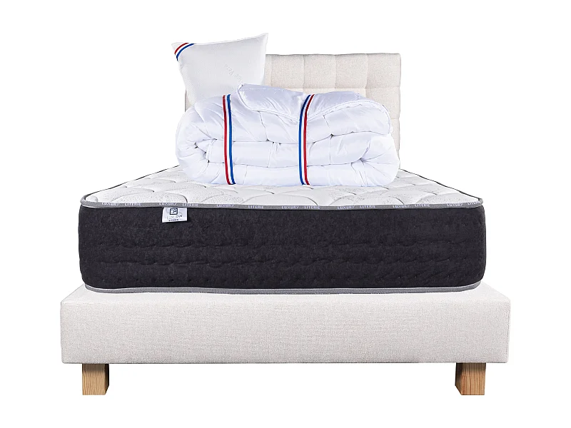 Ensemble Matelas 90x190 cm, Sérénité, 27 cm + sommier beige + oreiller + couette + TDL