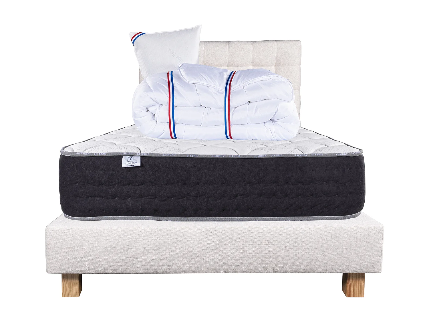 Ensemble Matelas 90x190 cm, Sérénité, 27 cm + sommier beige + oreiller + couette + TDL