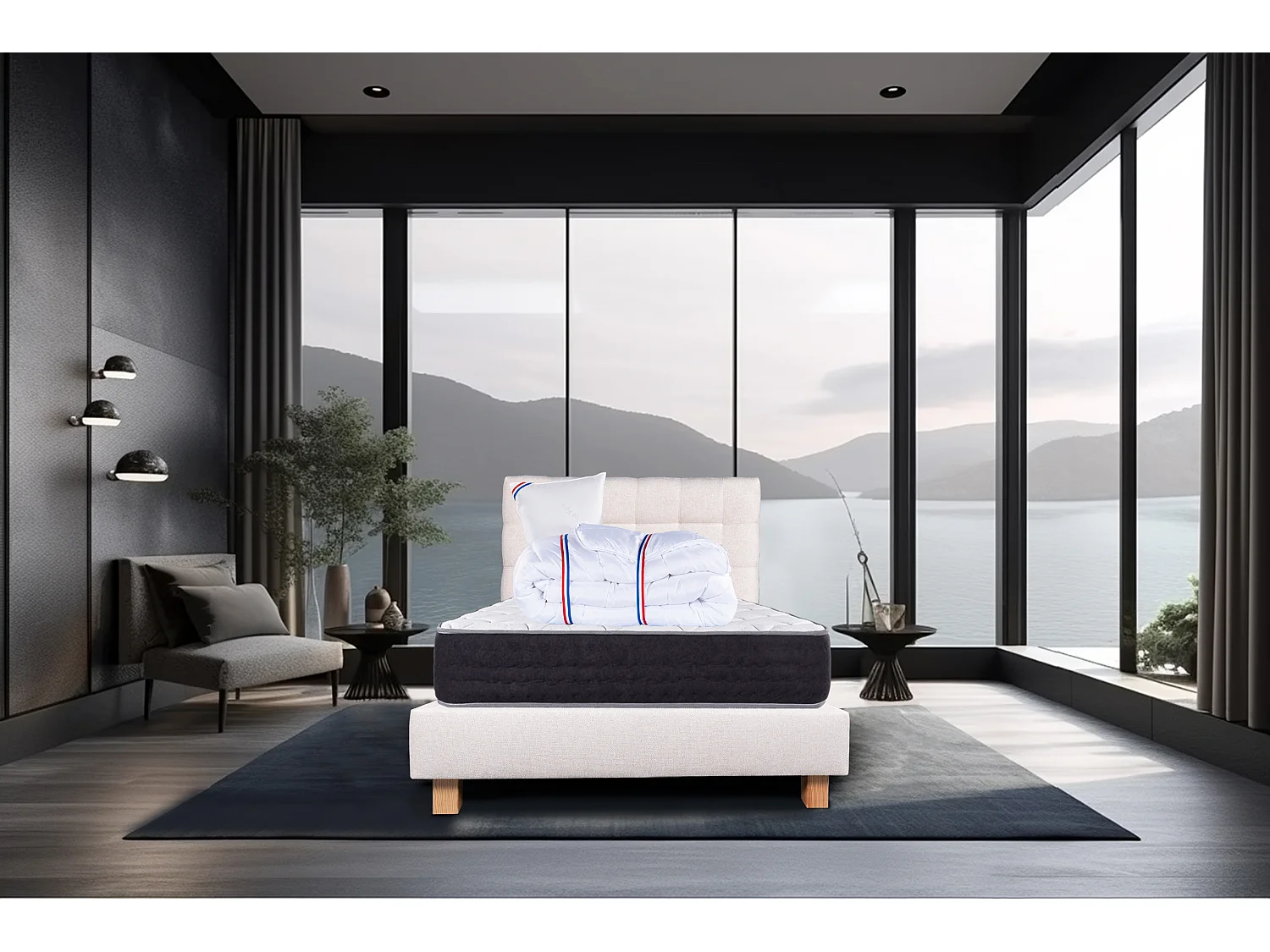 Ensemble Matelas 90x190 cm, Sérénité, 27 cm + sommier beige + oreiller + couette + TDL