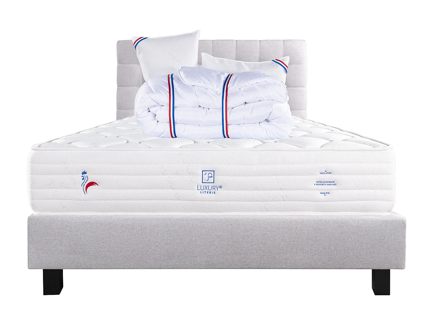 Ensemble Matelas 160x200 cm, Patriote Mousse, 27 cm+sommier gris+2 oreillers+couette+TDL