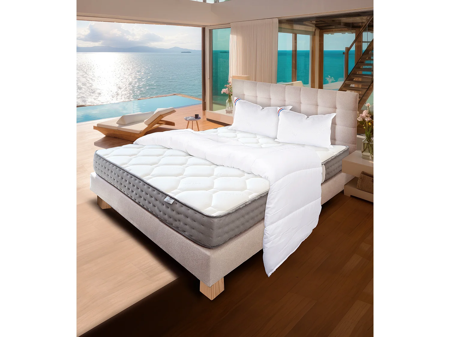 Ensemble Matelas 140x200 cm, Zen, 20 cm + sommier beige + 2 oreillers + couette + TDL