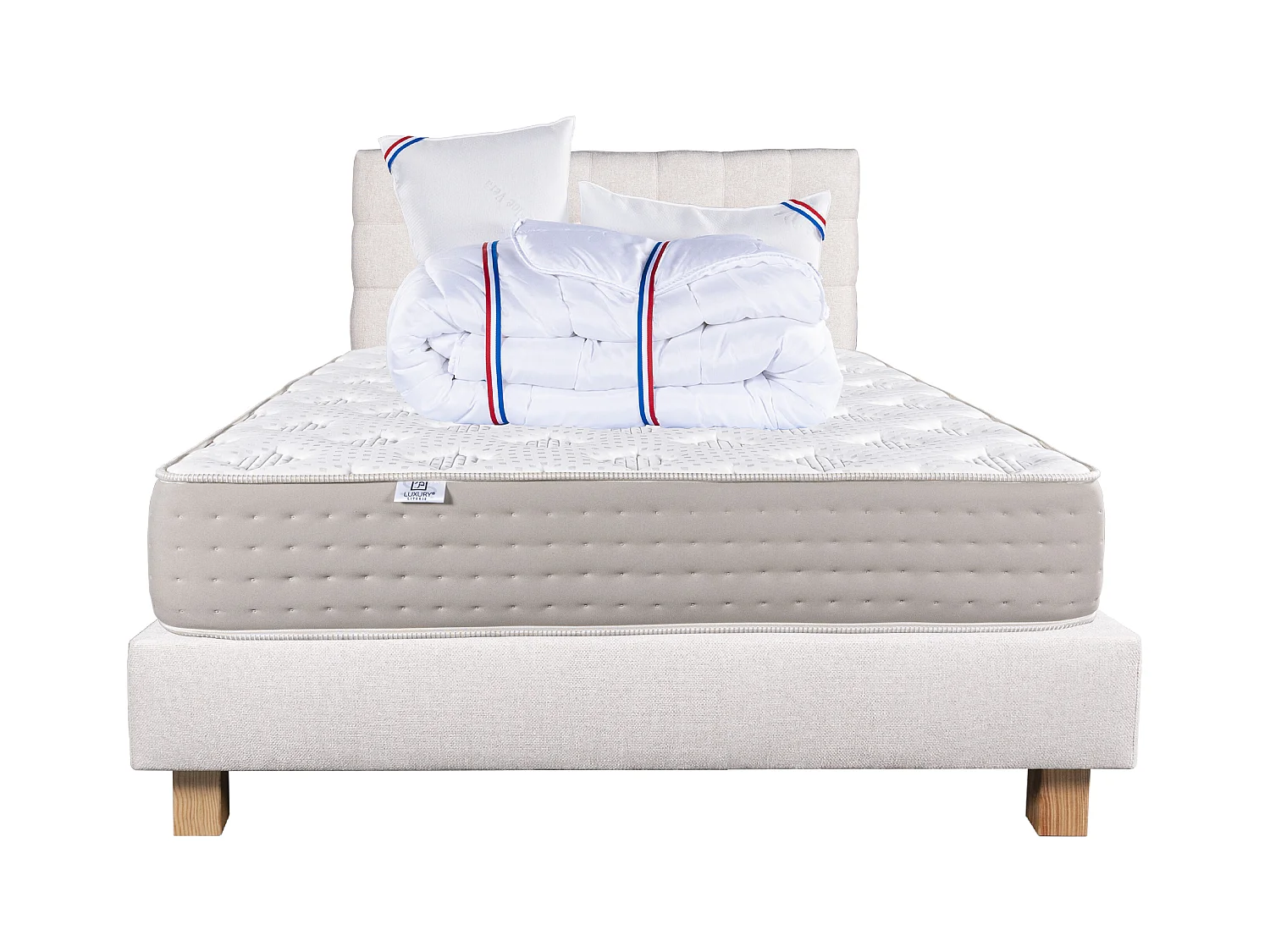 Conjunto de colchão 160x200 cm Dreamlux, estrado estofado, travesseiros, edredom e cabeceira - Qualidade superior e conforto ideal para um orçamento controlado!