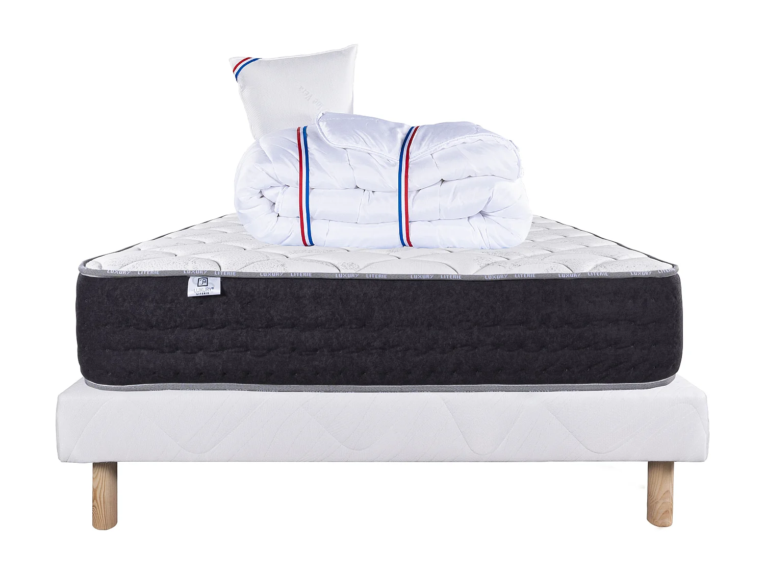 Ensemble Matelas 90x190 cm, Sérénité, 27 cm + sommier blanc + oreiller + couette