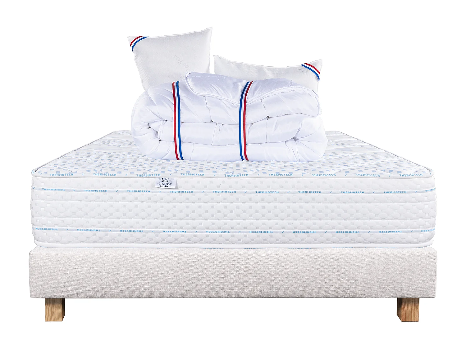Ensemble Matelas 160x200 cm, Thermotec, 24 cm + sommier beige + 2 oreillers + couette