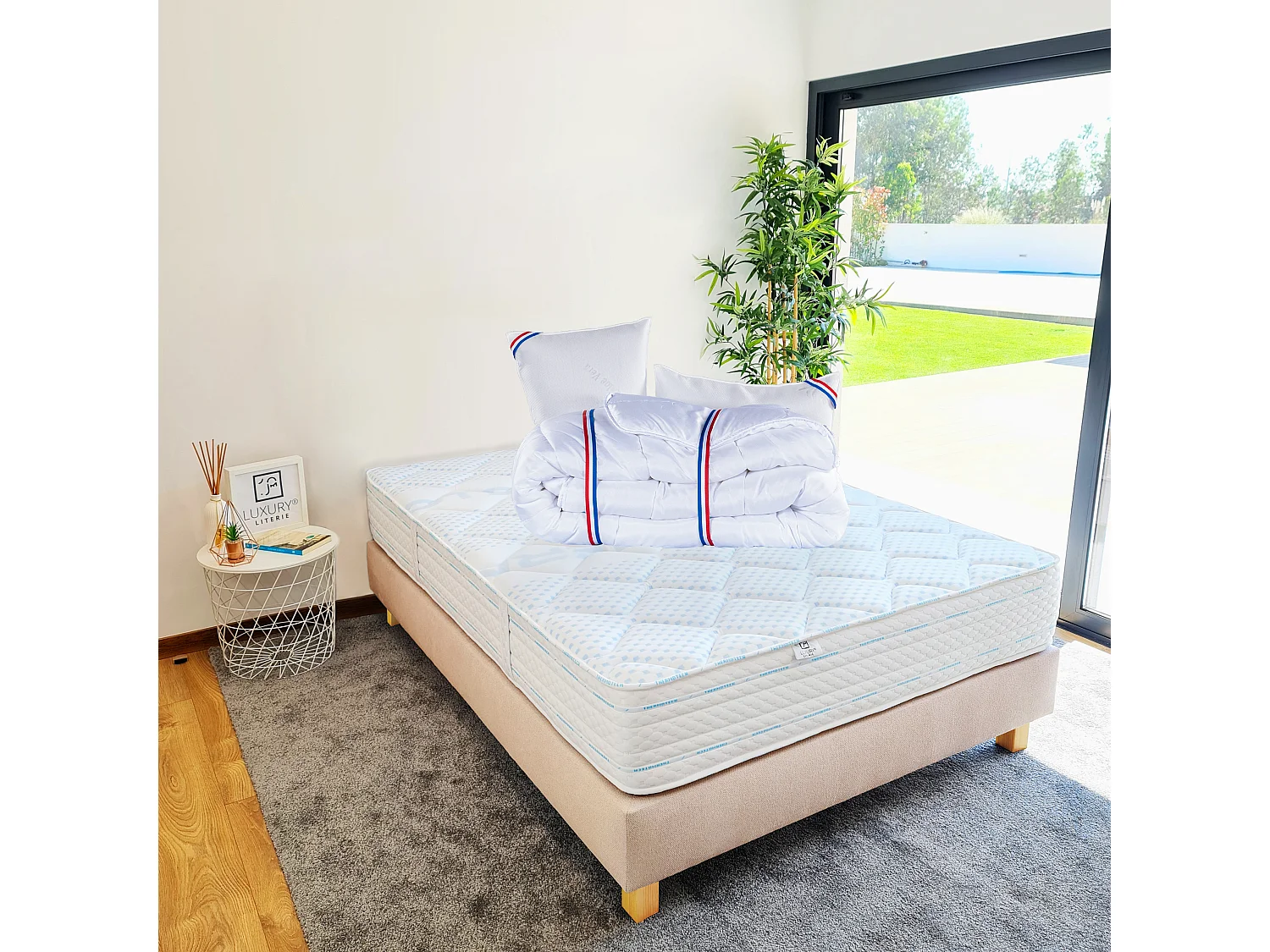 Ensemble Matelas 160x200 cm, Thermotec, 24 cm + sommier beige + 2 oreillers + couette