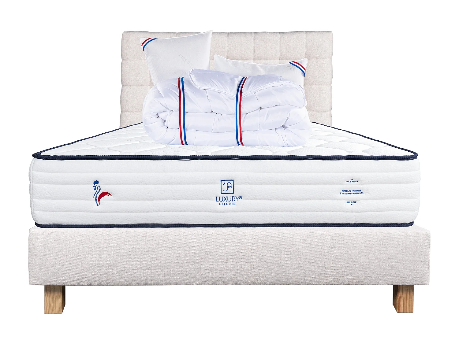 Ensemble Matelas 140x200 cm, Patriote, 27 cm + sommier beige + 2 oreillers + couette + TDL