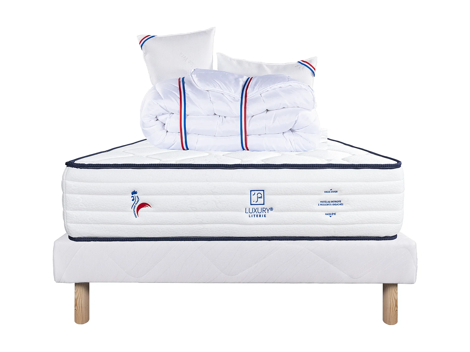 Ensemble Matelas 140x190 cm, Patriote, 27 cm + sommier blanc + 2 oreillers + couette