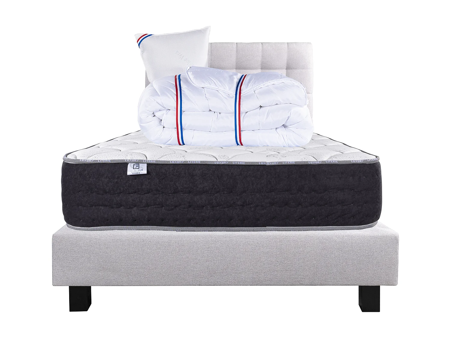 Ensemble Matelas 90x190 cm, Sérénité, 27 cm + sommier gris + oreiller + couette + TDL