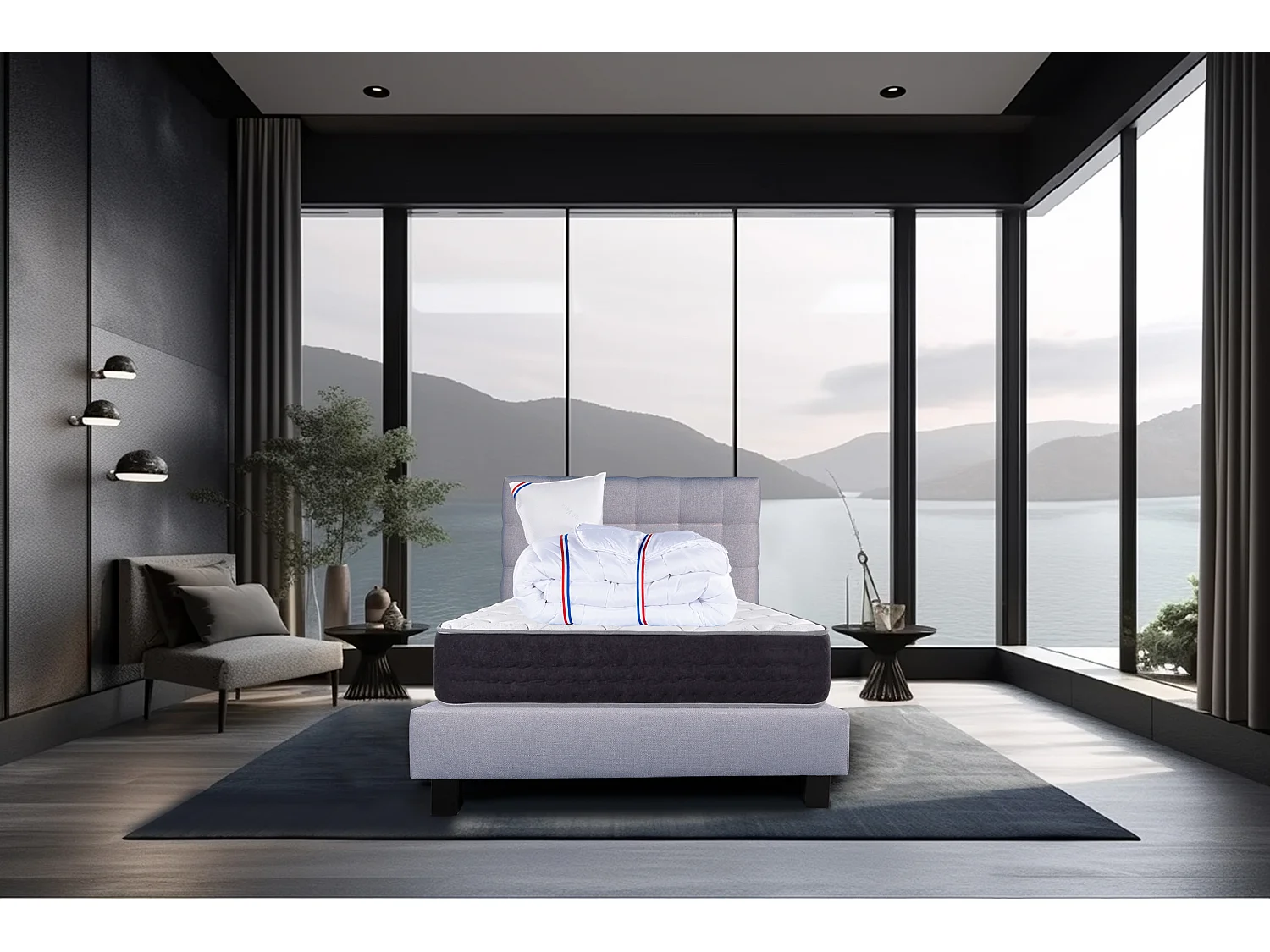 Ensemble Matelas 90x190 cm, Sérénité, 27 cm + sommier gris + oreiller + couette + TDL