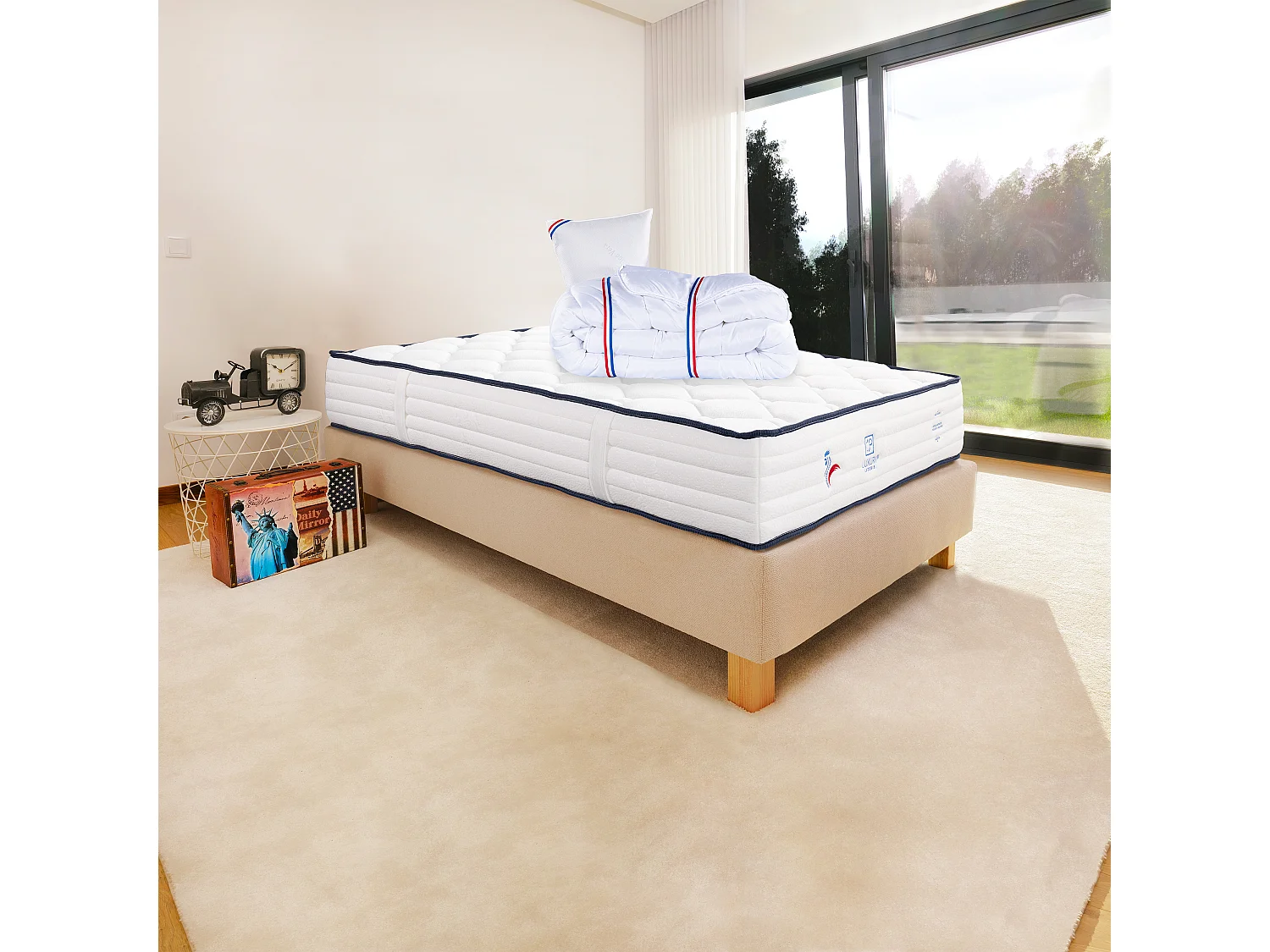 Ensemble Matelas 90x190 cm, Patriote, 27 cm + sommier beige + oreiller + couette