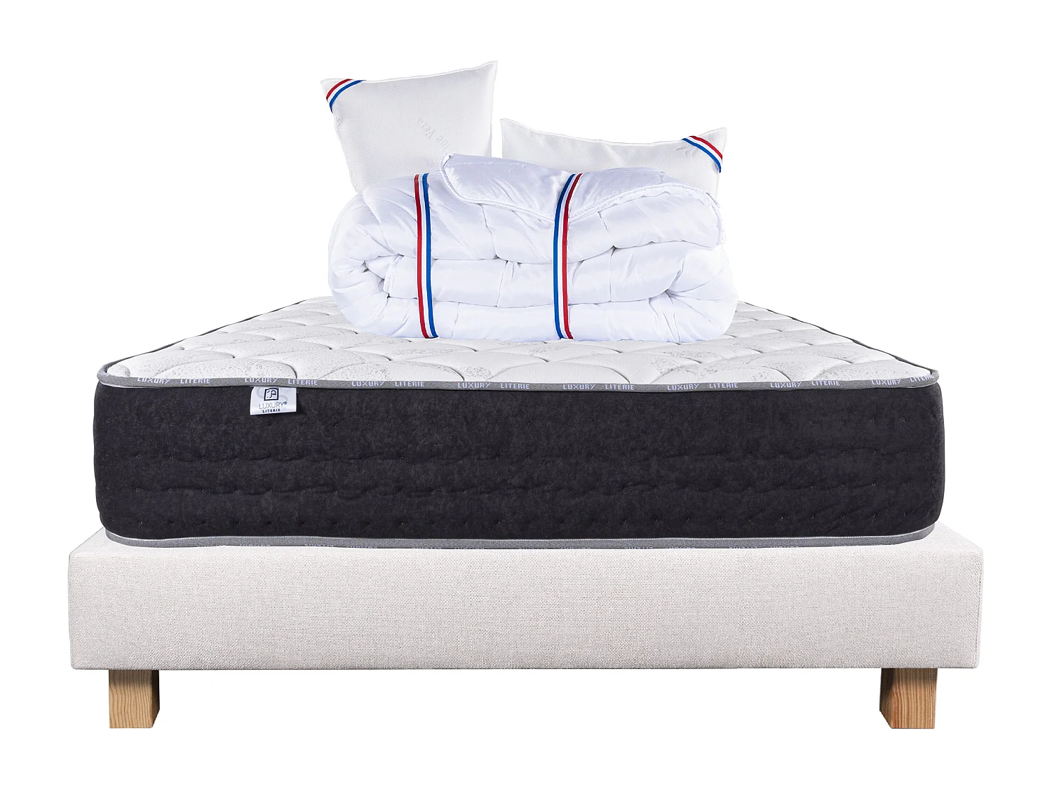 Ensemble Matelas 140x200 cm, Sérénité, 27 cm + sommier beige + 2 oreillers + couette