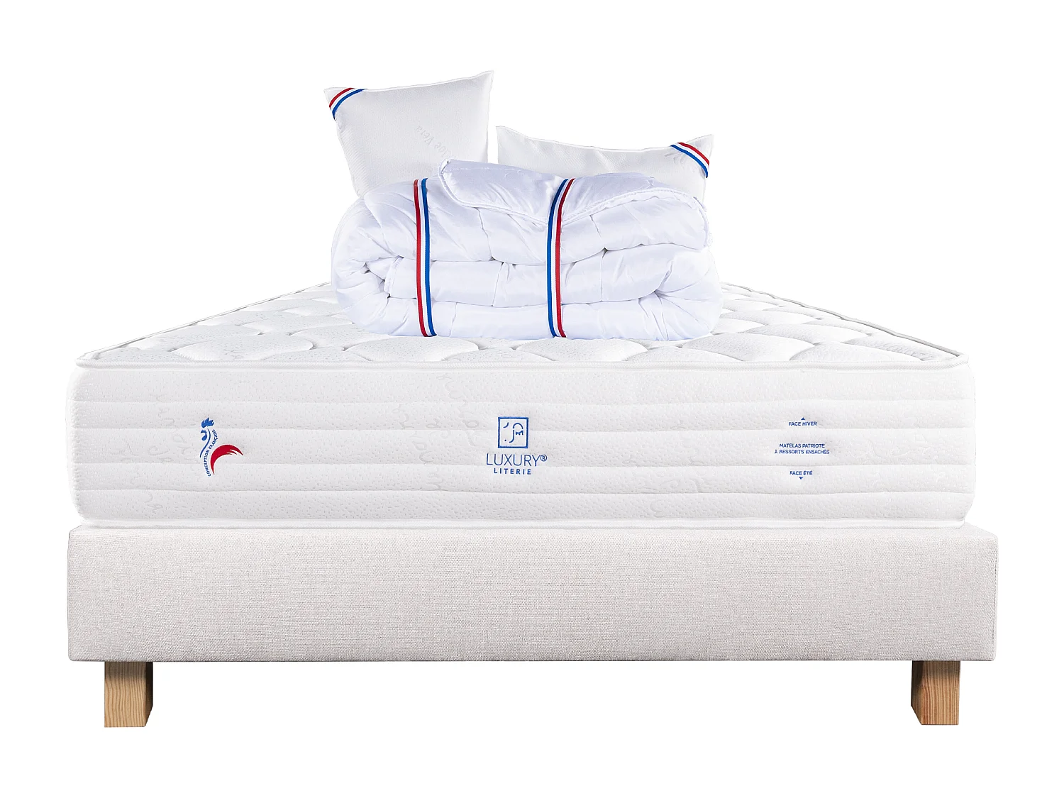 Ensemble Matelas 140x200 cm, Patriote Mousse, 27 cm + sommier beige + 2 oreillers +couette