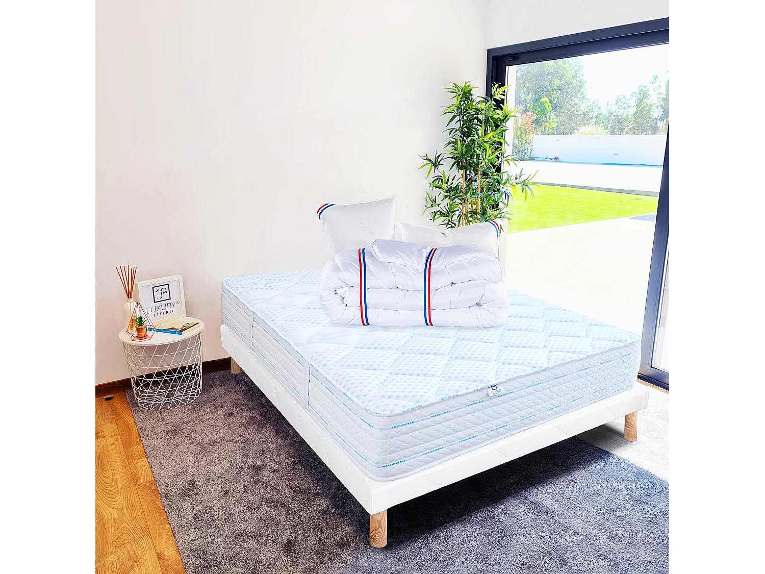Ensemble Matelas 160x200 cm, Thermotec, 24 cm + sommier blanc + 2 oreillers + couette