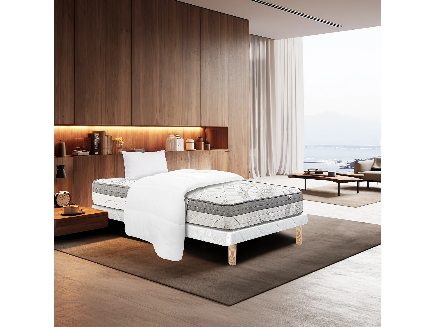 Ensemble Matelas 90x190 cm, ViscoPlus, 26 cm + sommier blanc + oreiller + couette