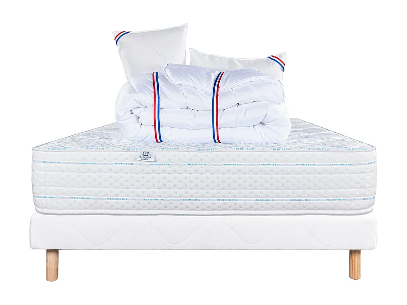 Ensemble Matelas 140x200 cm, Thermotec, 24 cm + sommier blanc + 2 oreillers + couette