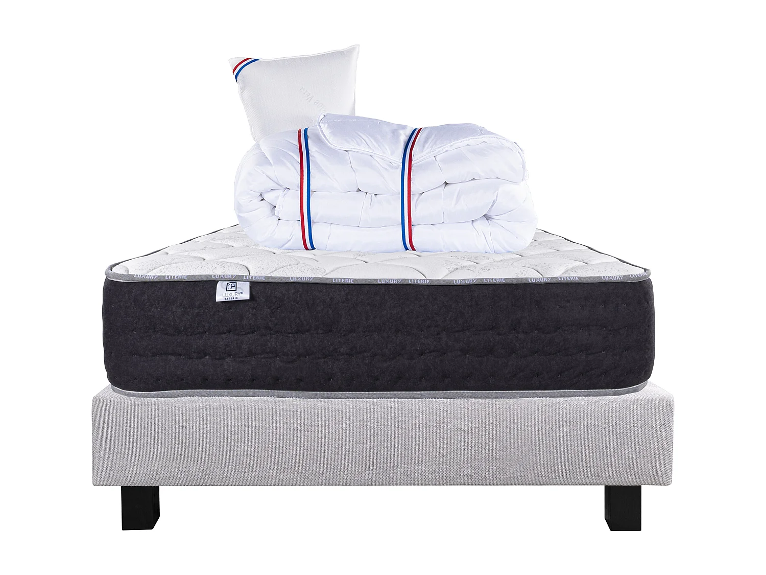 Ensemble Matelas 90x190 cm, Sérénité, 27 cm + sommier gris + oreiller + couette