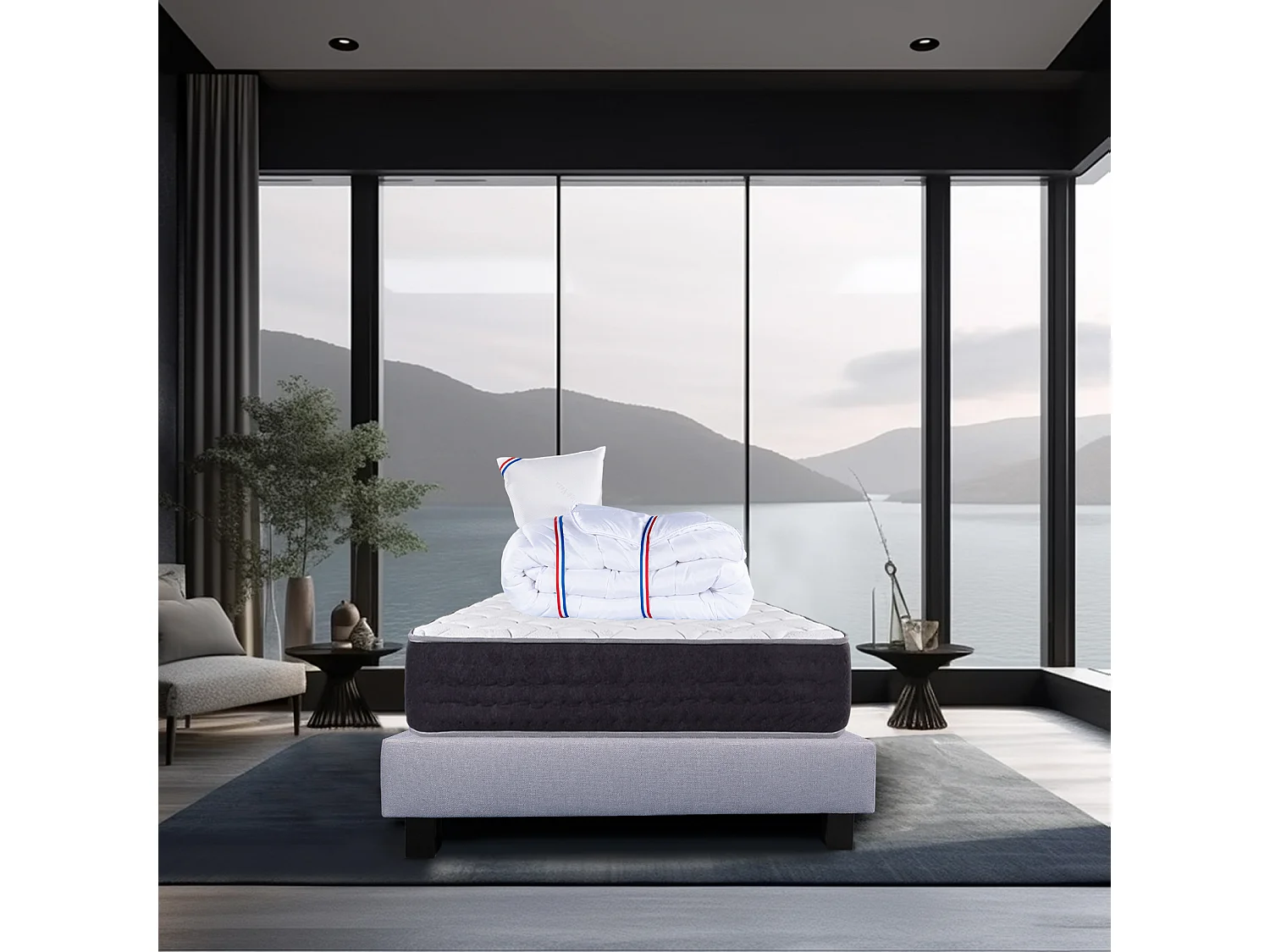 Ensemble Matelas 90x190 cm, Sérénité, 27 cm + sommier gris + oreiller + couette