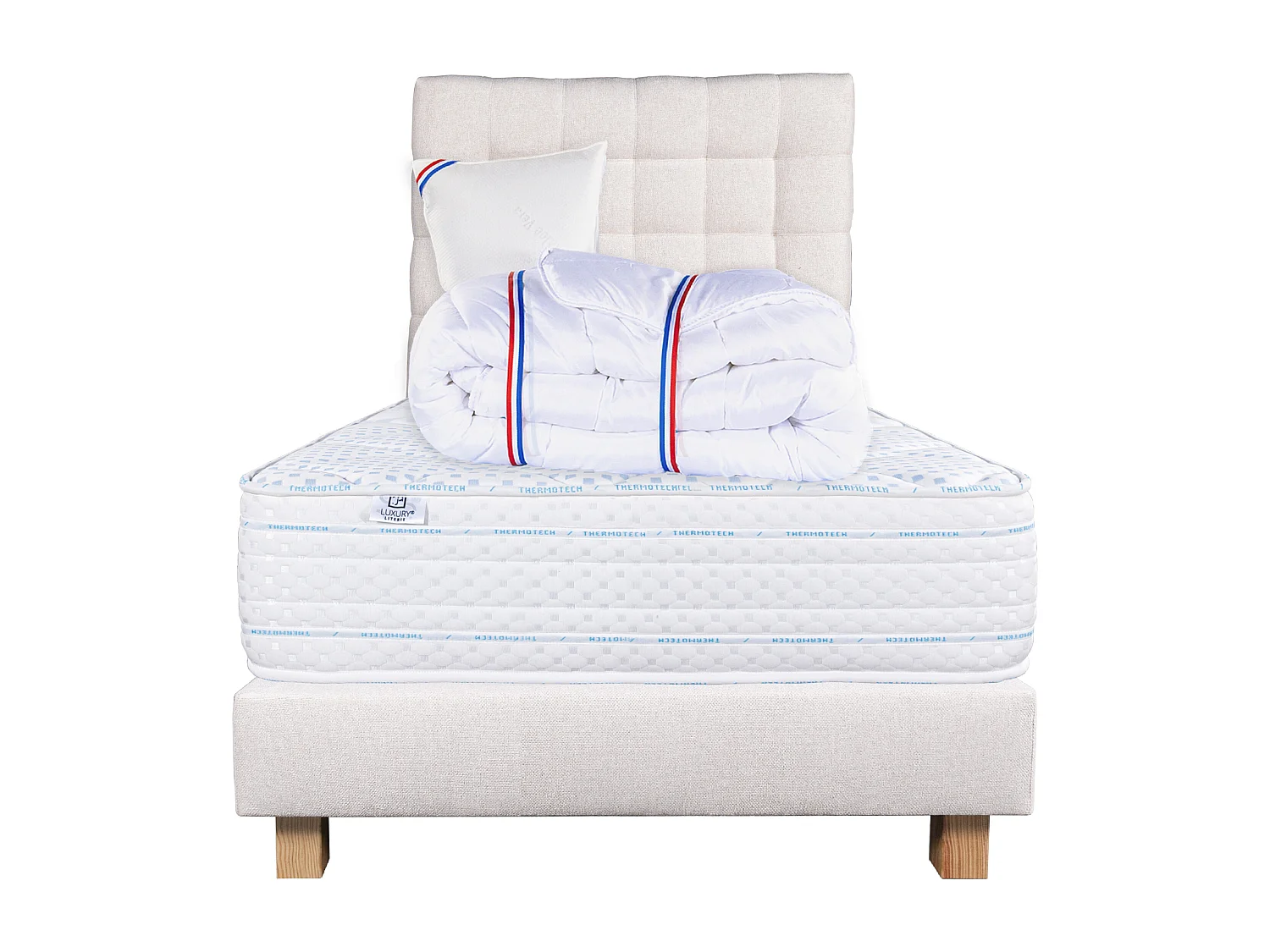 Ensemble Matelas 90x190 cm, Thermotec, 24 cm + sommier beige + oreiller + couette + TDL