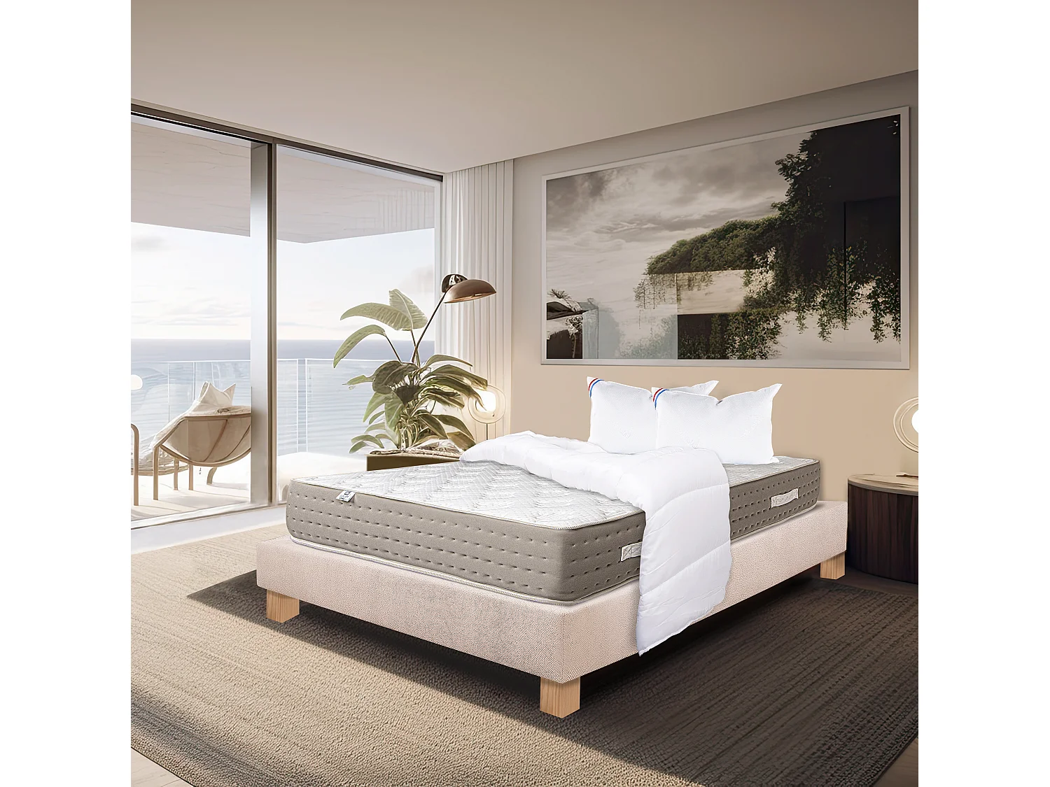 Ensemble Matelas 140x200 cm, Dreamlux, 26 cm + sommier beige + 2 oreillers + couette