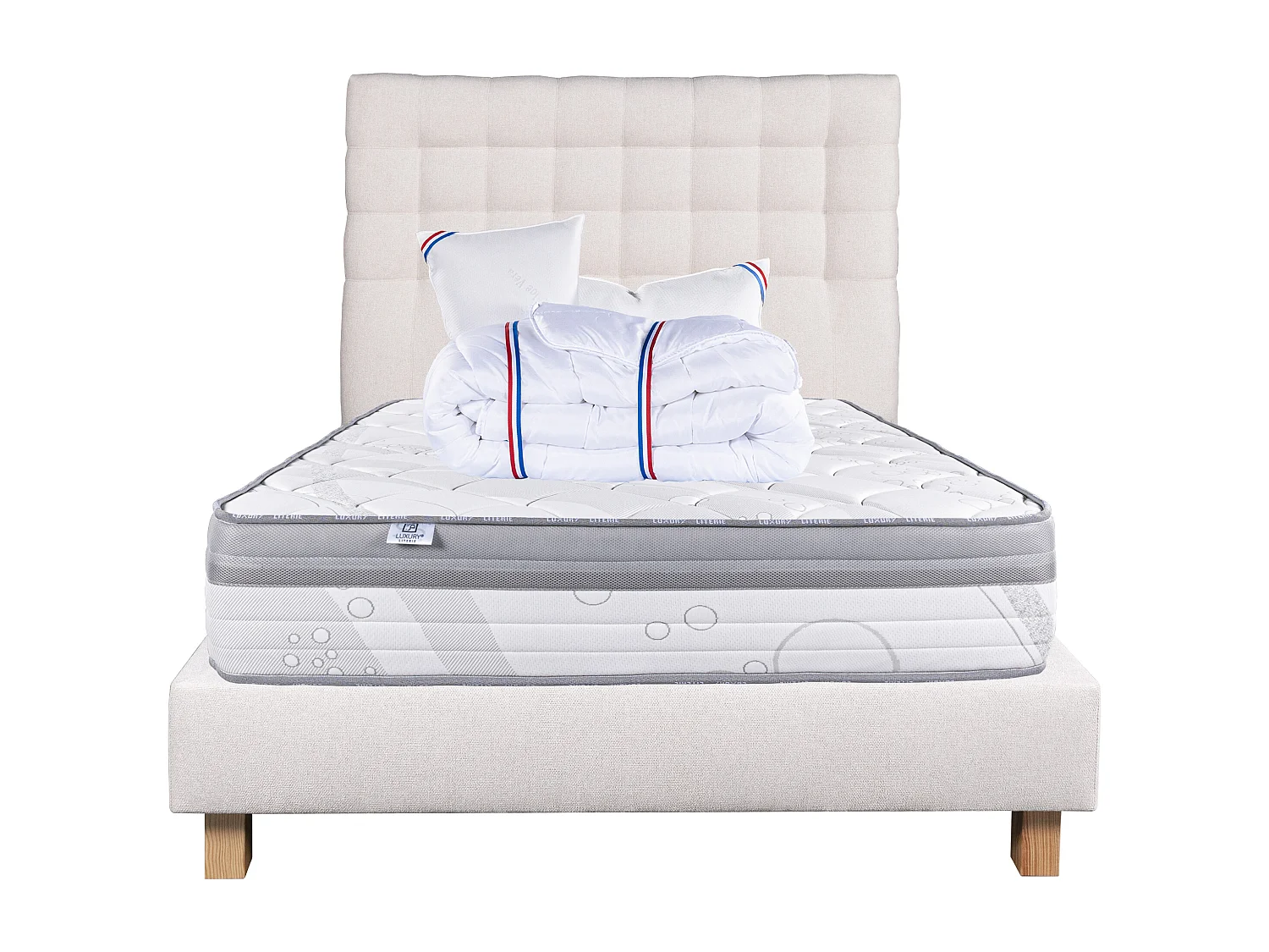 Ensemble Matelas 160x200 cm, ViscoPlus, 26 cm + sommier beige + 2 oreillers + couette +TDL