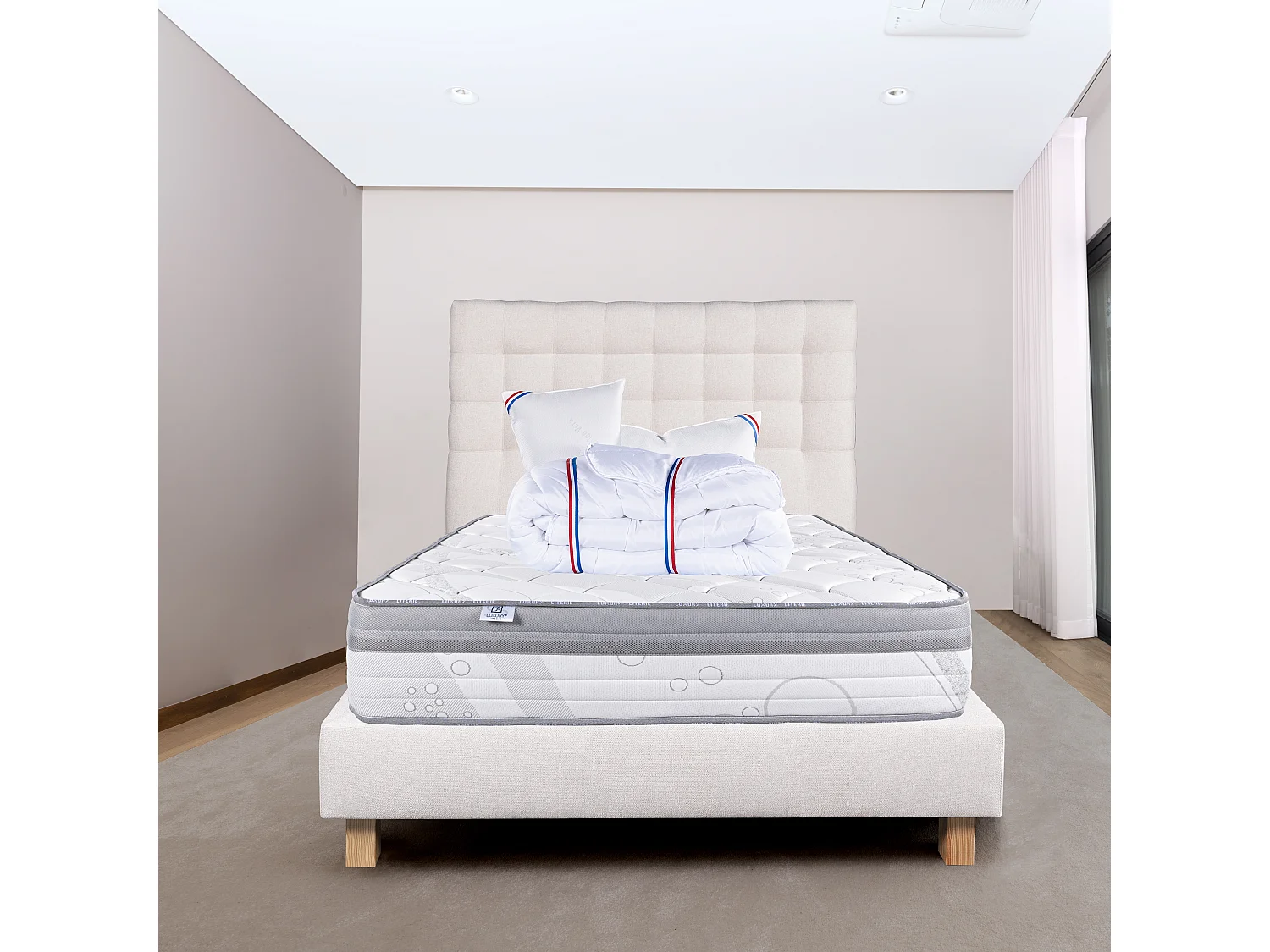 Ensemble Matelas 160x200 cm, ViscoPlus, 26 cm + sommier beige + 2 oreillers + couette +TDL