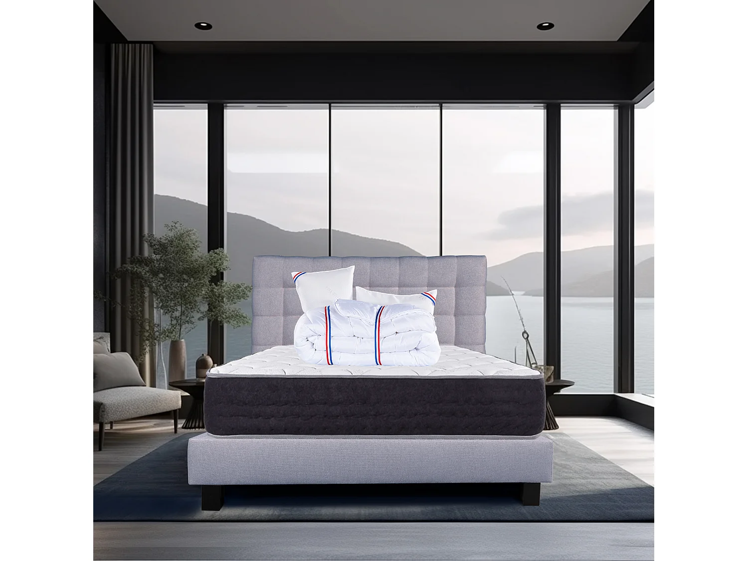 Ensemble Matelas 140x200 cm, Sérénité, 27 cm + sommier gris + 2 oreillers + couette + TDL