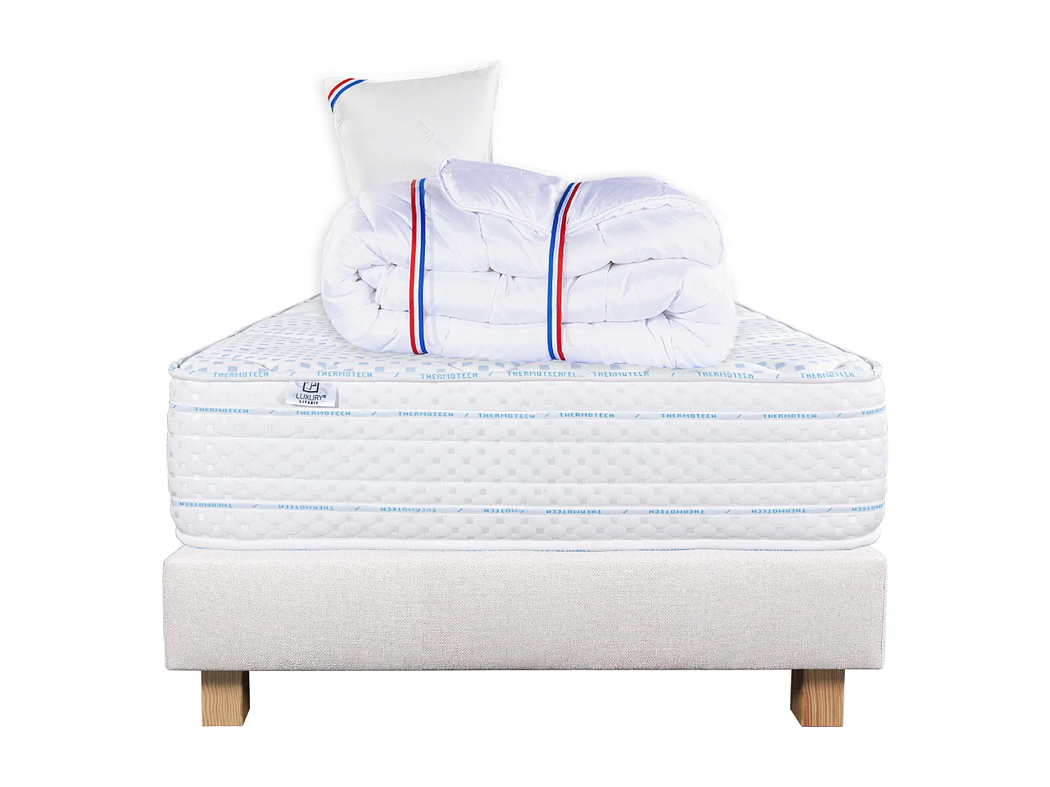 Ensemble Matelas 90x190 cm, Thermotec, 24 cm + sommier beige + oreiller + couette