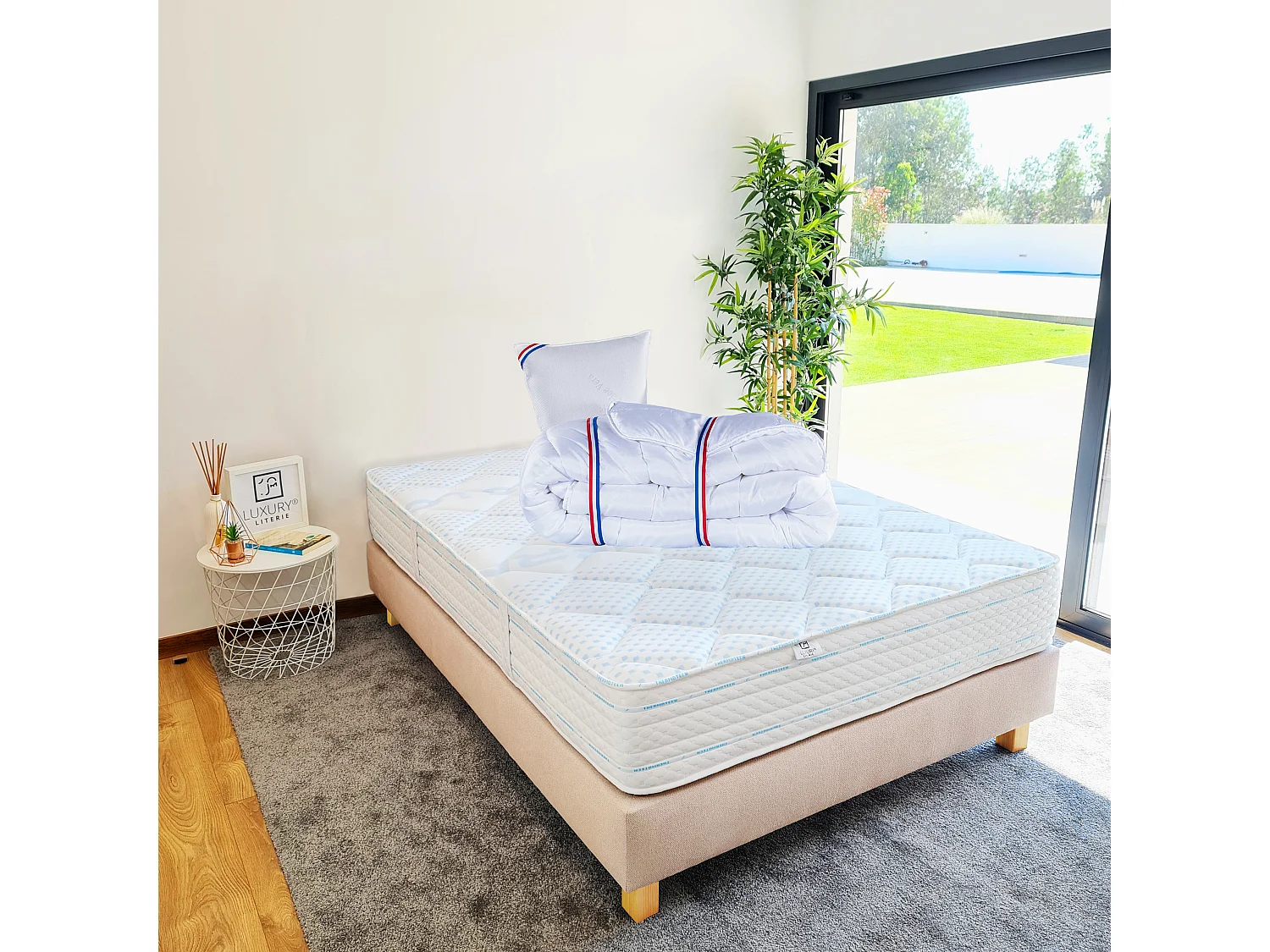 Ensemble Matelas 90x190 cm, Thermotec, 24 cm + sommier beige + oreiller + couette