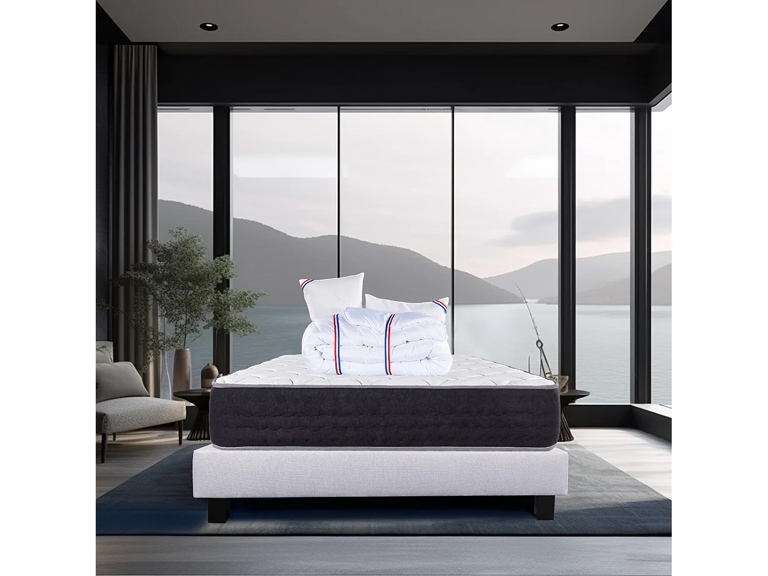 Ensemble Matelas 140x190 cm, Sérénité, 27 cm + sommier gris + 2 oreillers + couette